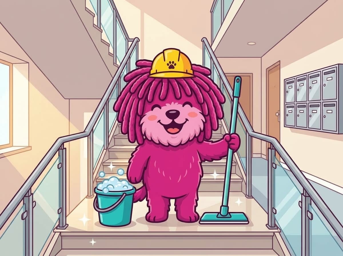 De roze Moppo-mascotte met een frisse, schone vloer