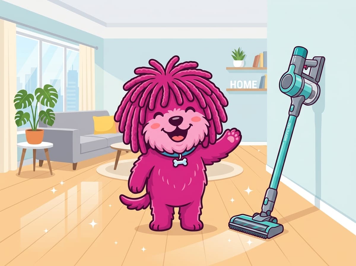 De roze Moppo-mascotte met een frisse, schone vloer