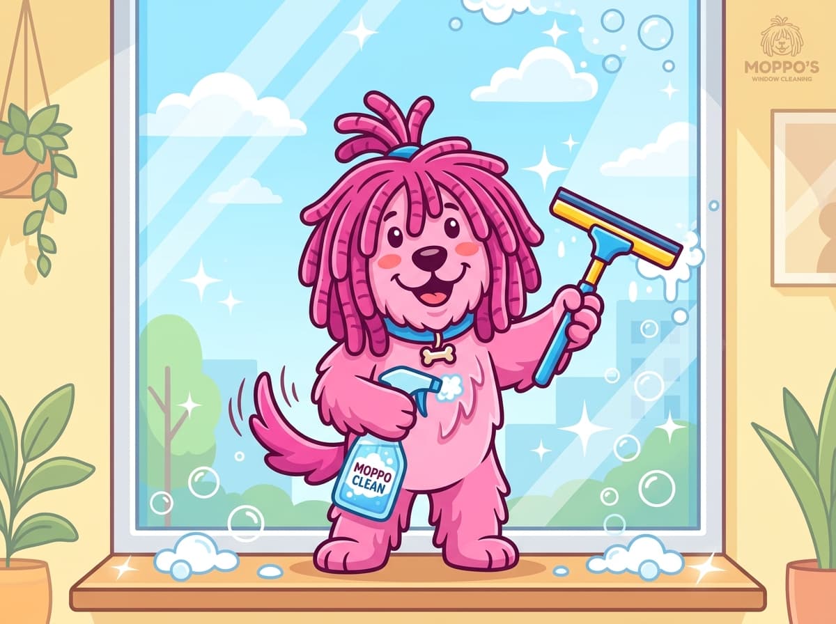 De roze Moppo-mascotte met een frisse, schone vloer