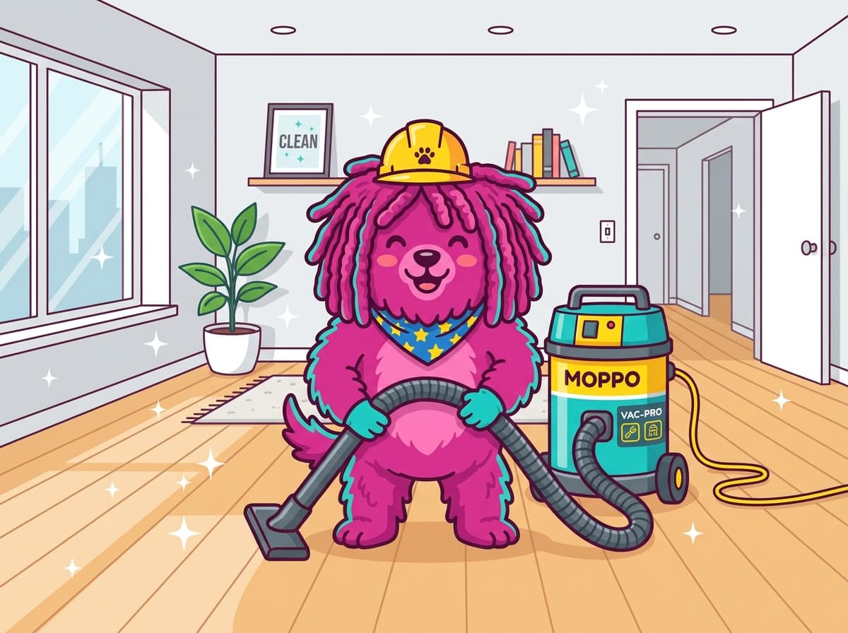 De roze Moppo-mascotte met een frisse, schone vloer