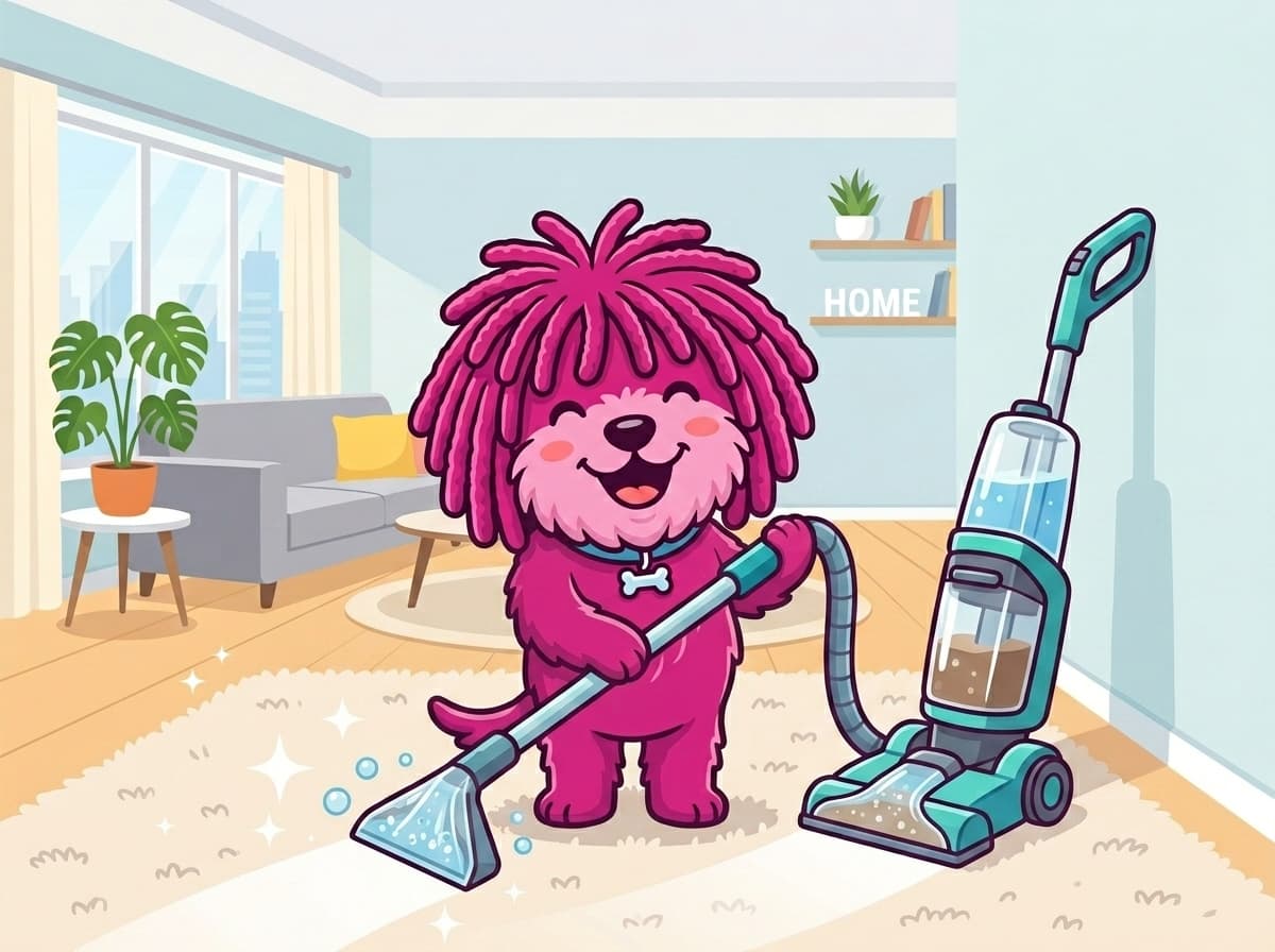 De roze Moppo-mascotte met een frisse, schone vloer