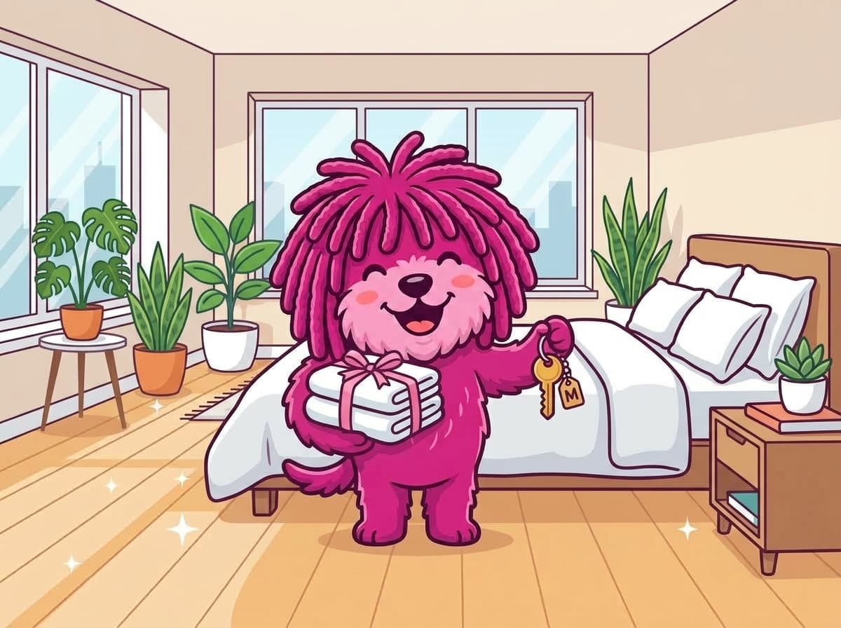 De roze Moppo-mascotte met een frisse, schone vloer